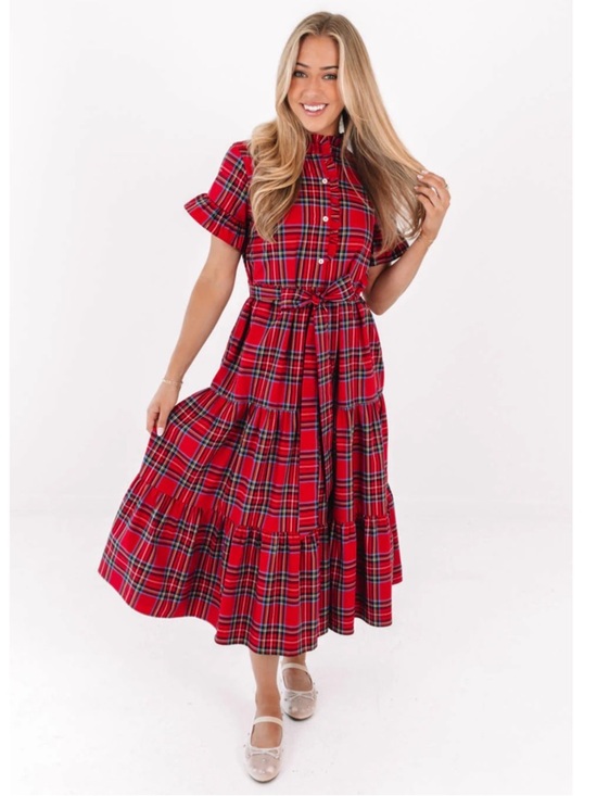 j. marie Dresses & Skirts - J. MARIE XS HOLLIN BELTED SHORT SLEEVE MIDI DRESS RED TARTAN PLAID NWT $180